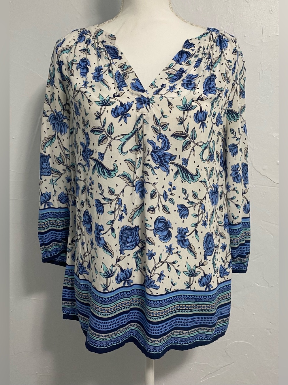 Boho Blue Floral V-Neck Tunic Top